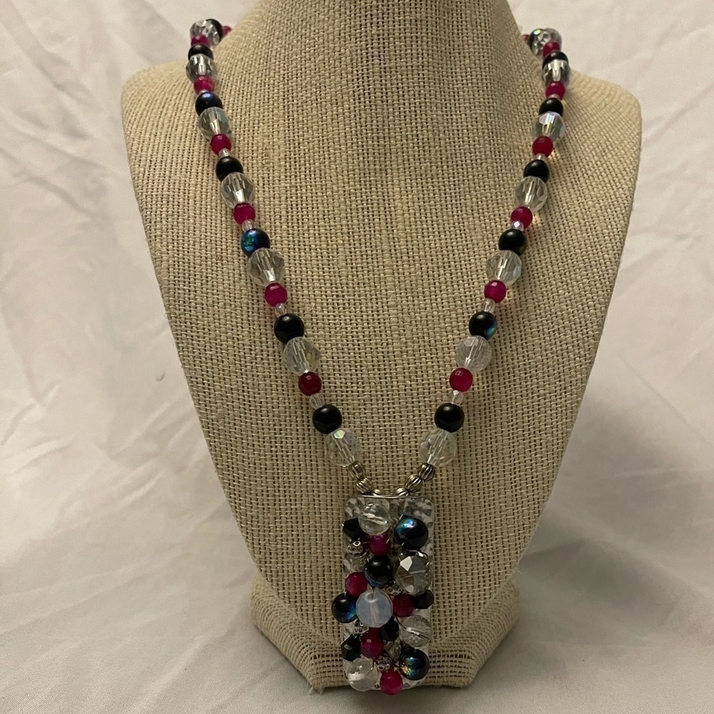 Pink & Black Bead Pendant Necklace - Hand Crafted